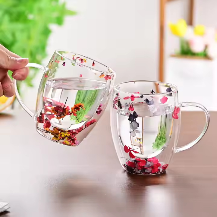 OEM/ODM Manufacturers Custom High Borosilicate Double Wall Glass Cup with Dry Flower